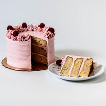Load image into Gallery viewer, Cocoa and Fig Lemon Raspberry Cake Sliced